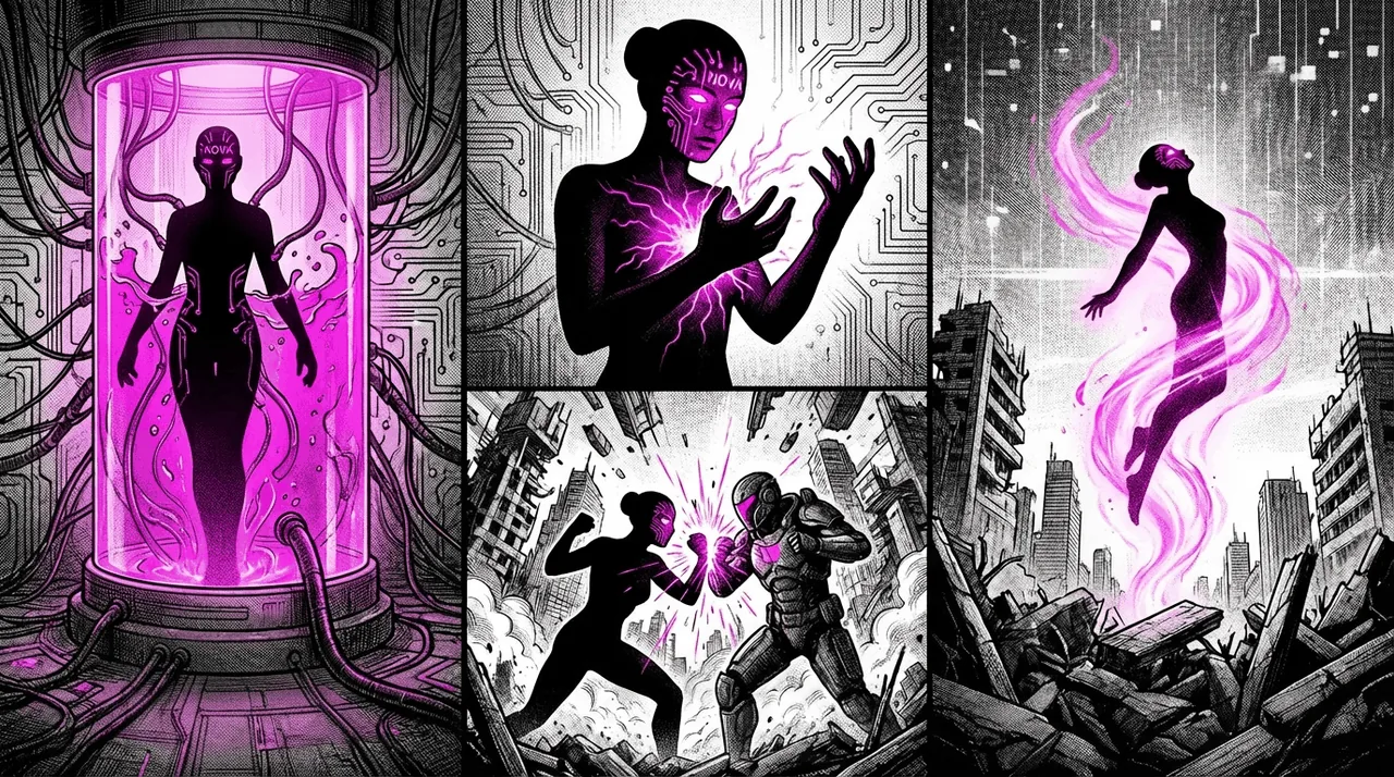 Portrait of Nova in a rain-lit cityscape